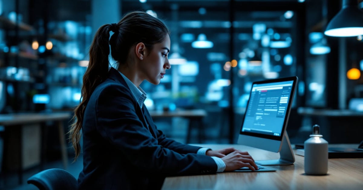 Étudiant en alternance cybersécurité travaillant sur un ordinateur dans un environnement professionnel moderne