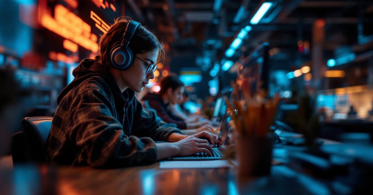 Étudiant en école de cybersécurité travaillant sur un ordinateur dans un environnement moderne