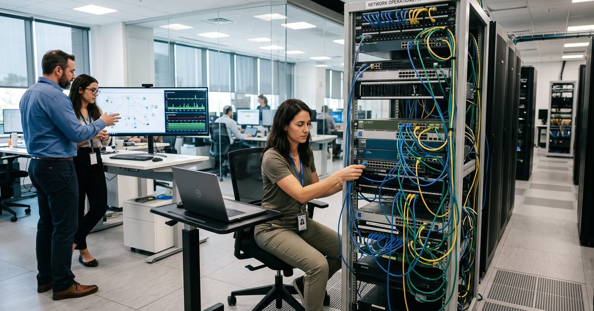 Technicien d'une entreprise informatique réseau configurant des équipements dans une salle serveur moderne