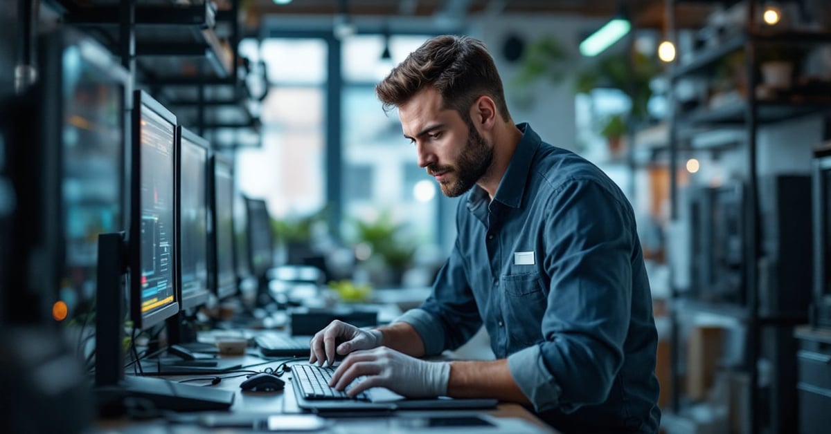 Technicien d'une entreprise de maintenance informatique intervenant sur un réseau en entreprise