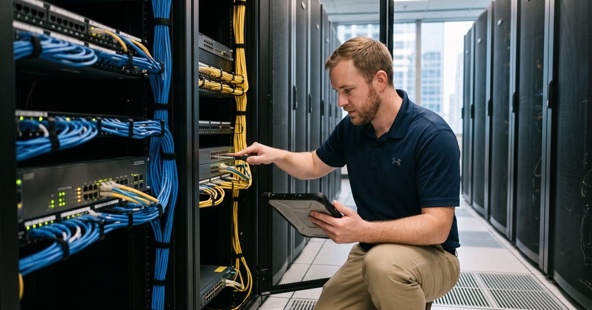 Infrastructure réseau d'une entreprise informatique moderne avec équipements et câblage professionnel