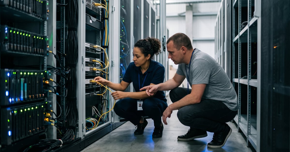Infogérance serveur : technicien administrant une infrastructure informatique en salle des serveurs
