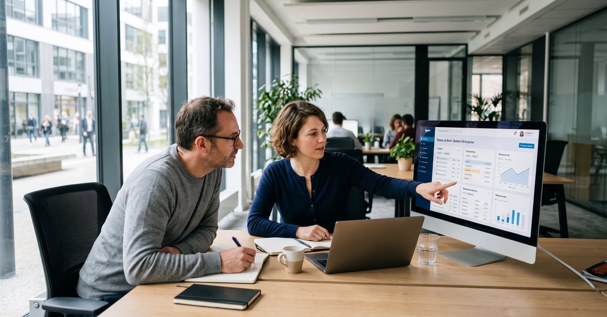 Logiciel de gestion d'entreprise affiché sur un écran dans un bureau moderne