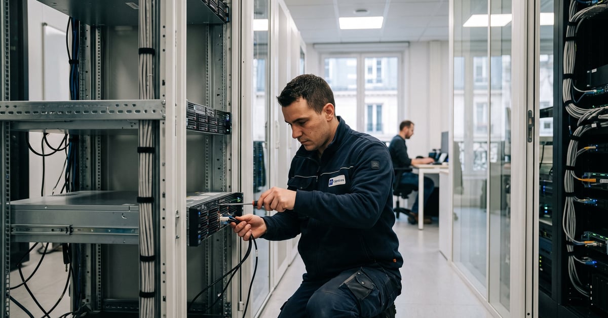 Technicien en maintenance informatique à Paris travaillant sur un parc IT en entreprise