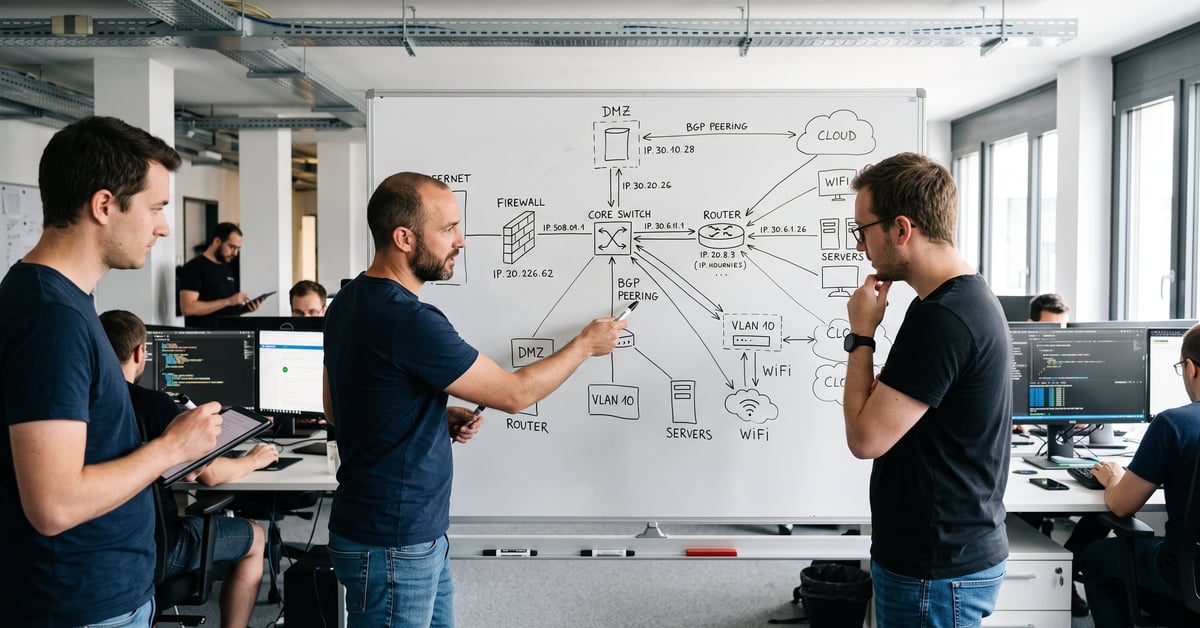 Schéma réseau informatique avec routeurs, switchs et connexions entre serveurs et postes de travail