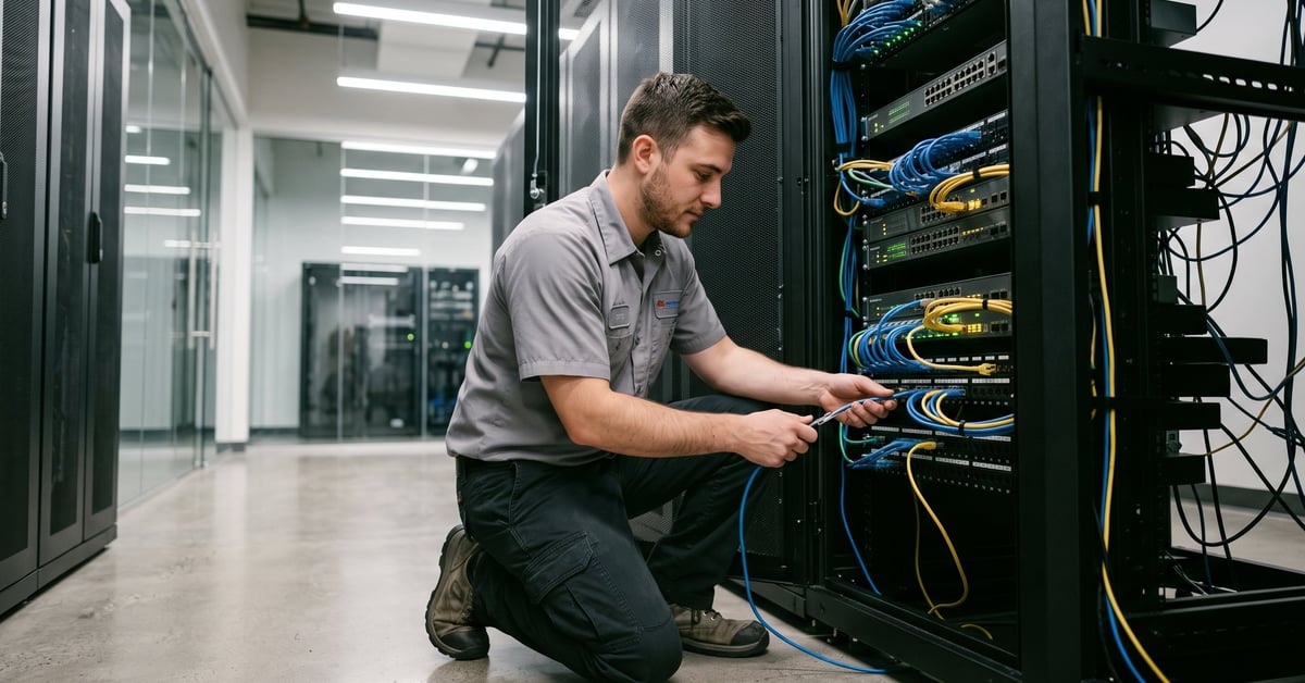 Technicien informatique réseau travaillant sur des équipements réseau dans un environnement professionnel moderne
