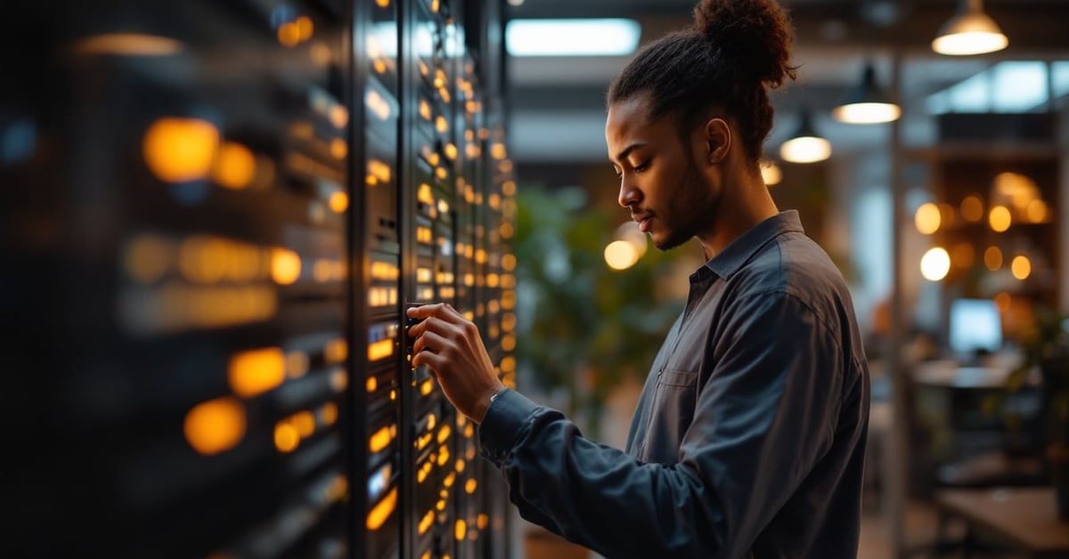 Installation d'un réseau informatique avec câbles et équipements réseau dans un environnement professionnel moderne