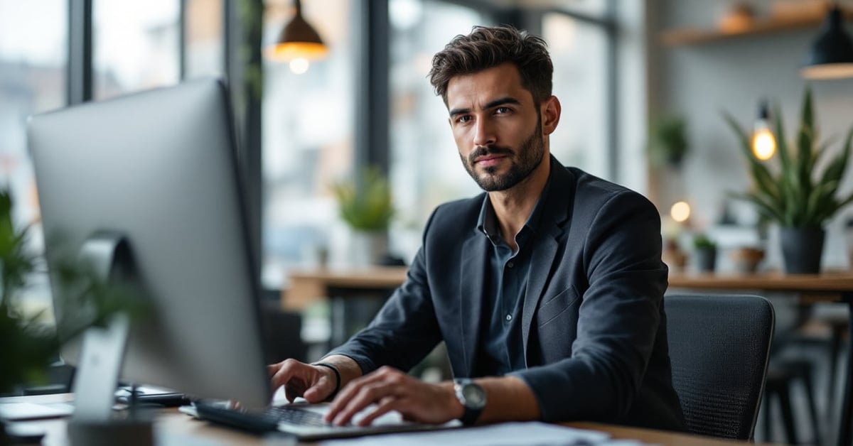Logiciel compta petite entreprise sur ordinateur portable dans un bureau moderne
