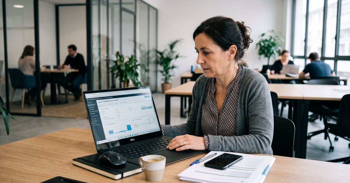 Logiciel comptabilité micro-entreprise sur ordinateur portable, interface de gestion financière